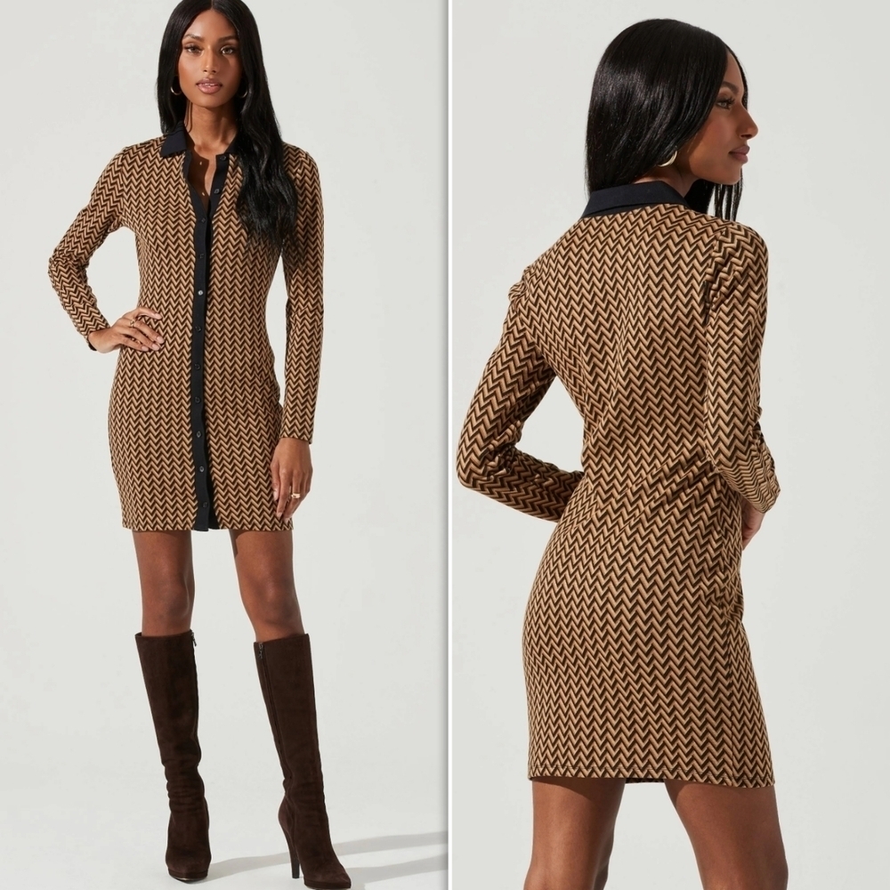 Astr Kambrie Tan Sheath Dress with Collar and Cuffed Long Sleeves